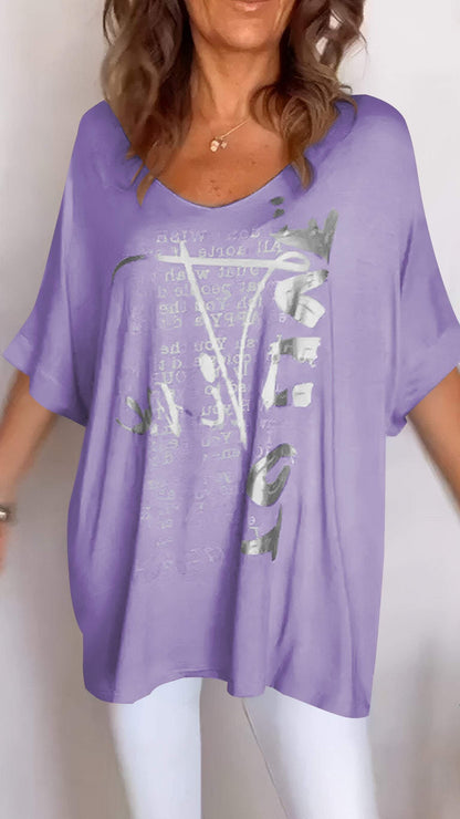 Women's V-neck Printed Mid-sleeve Casual Top