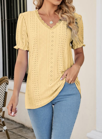 Women's hollow v-neck puff sleeve T-shirt Yellow