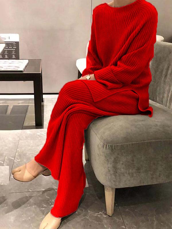 Casual Long Sleeve Solid Color Knit Sweater Two-piece Set Red