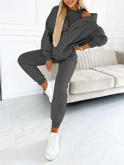 (S-5XL) Plus Size Casual Hooded Sweatshirt Sports Three-piece Suit Sweatshirt+vest+sweatpants dark gray