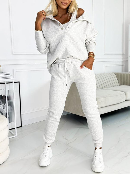 Women's Fashionable Solid Color Hooded Sweatshirt 3-piece Set Light Grey