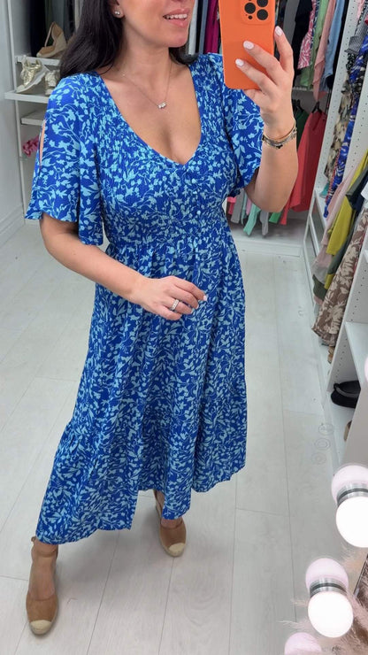 V-neck Short-sleeved Printed Dress blue