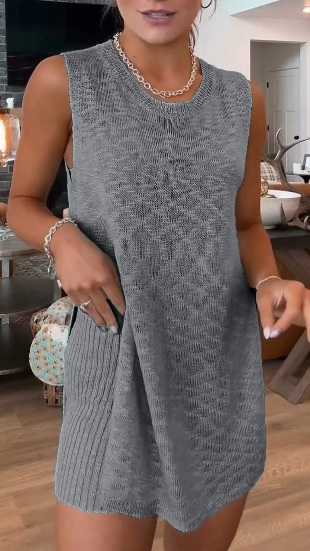 Round Neck Knitted Sleeveless Versatile Casual Suit gray