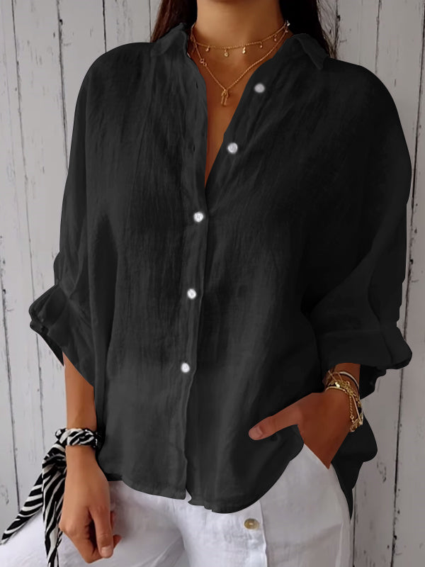 Women's Cotton and Linen Solid Color Casual Shirt black Tops