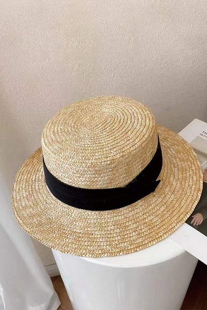 Flat top woven straw hat Black One size