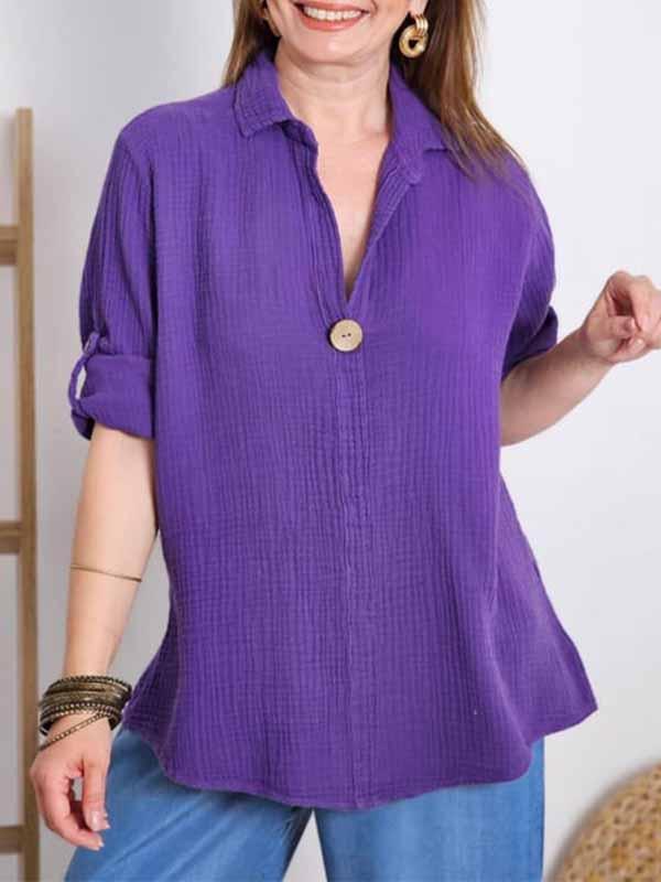 Women's Lapel Solid Color Cotton and Linen Top