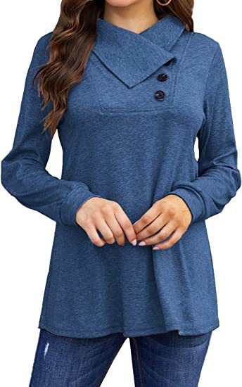 Solid color loose long-sleeved T-shirt Navy blue