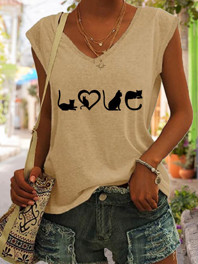 Casual Funny LOVE Cat Print V-Neck Tank Top Khaki