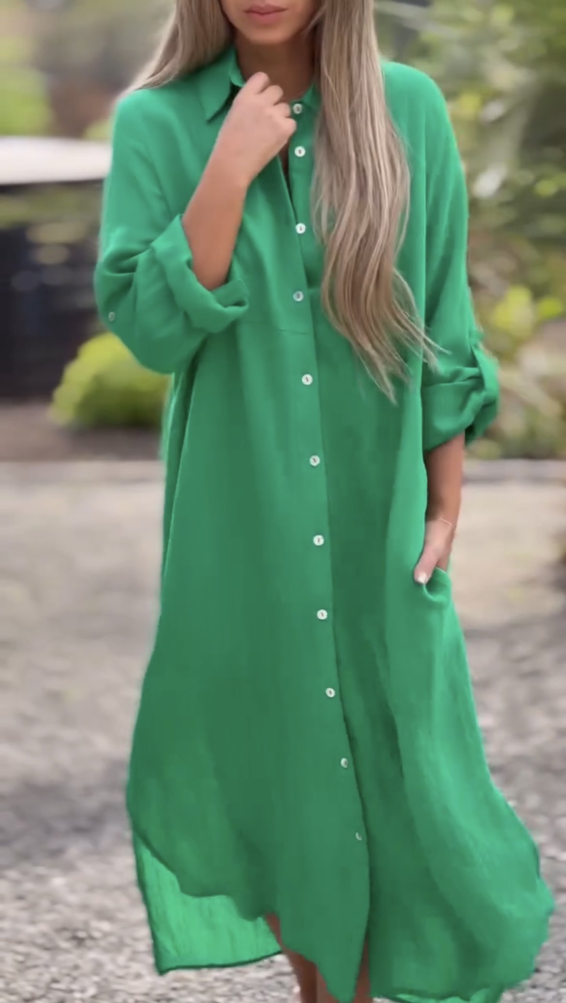 Women's Casual Solid Color Button Front Linen Shirt Dress Green