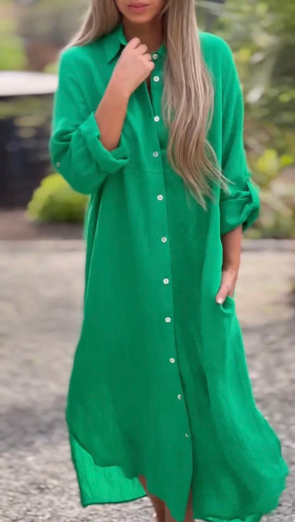 Women's Casual Solid Color Button Front Linen Shirt Dress Green