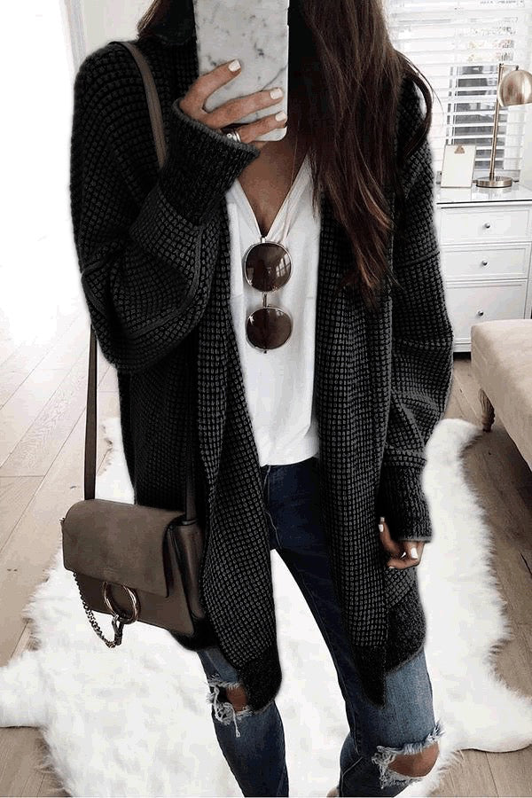 Waffle Texture Cardigan Black