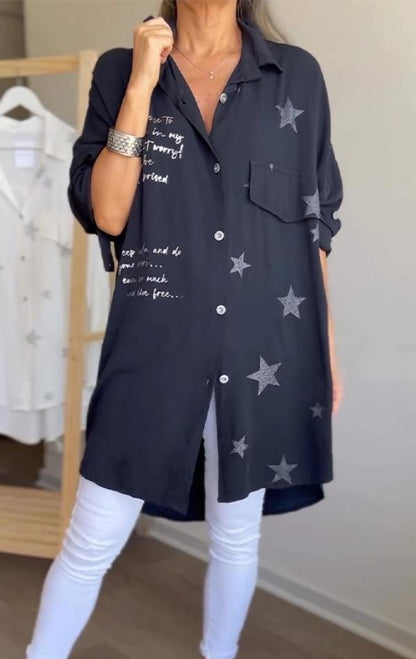 Lapel Single-breasted Star Letter Printed Shirt black