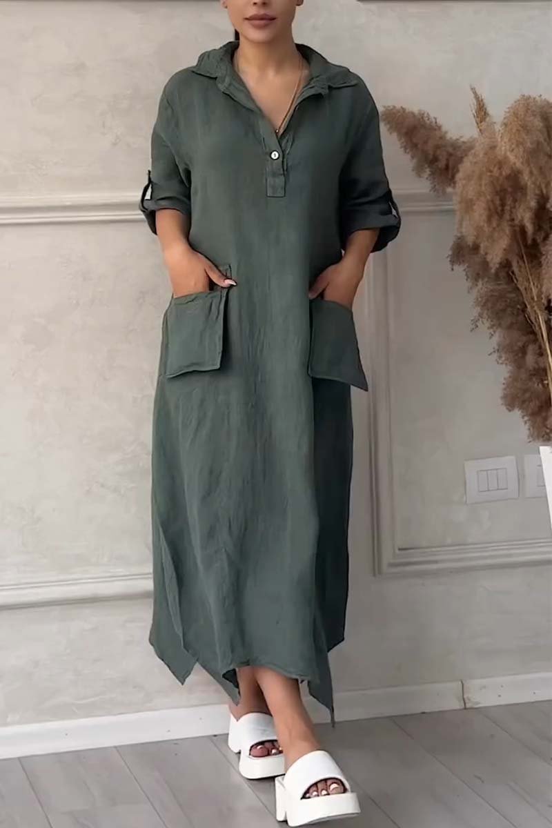 Half button lapel cotton and linen dress Army green