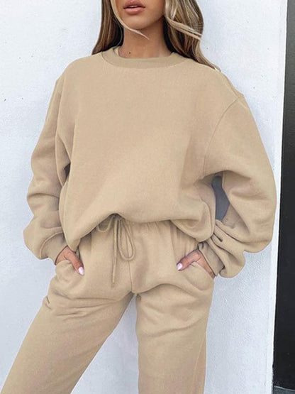 Solid color round neck trousers and long sleeve sweatshirt suit Khaki