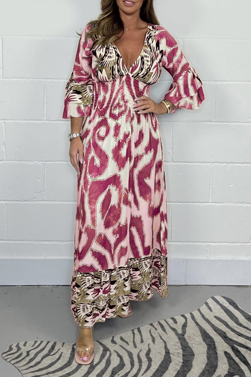 V-neck ethnic print dress Pink