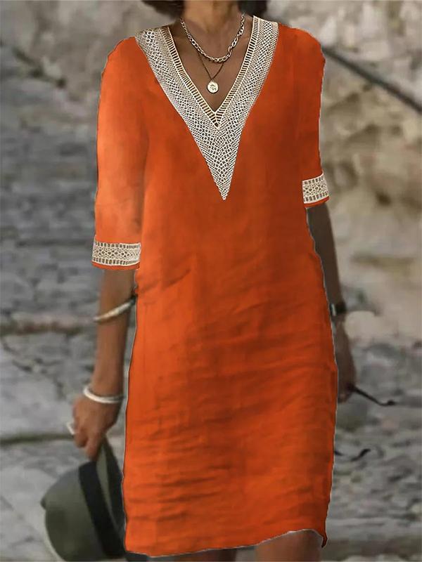 Solid Color V-neck Mid-sleeve Cotton and Linen Casual Dress Orange