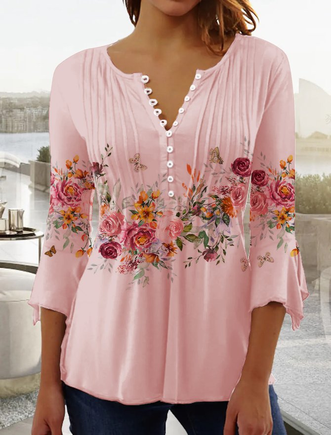 Women's Ethnic Casual V-neck A-Line Tops Pink