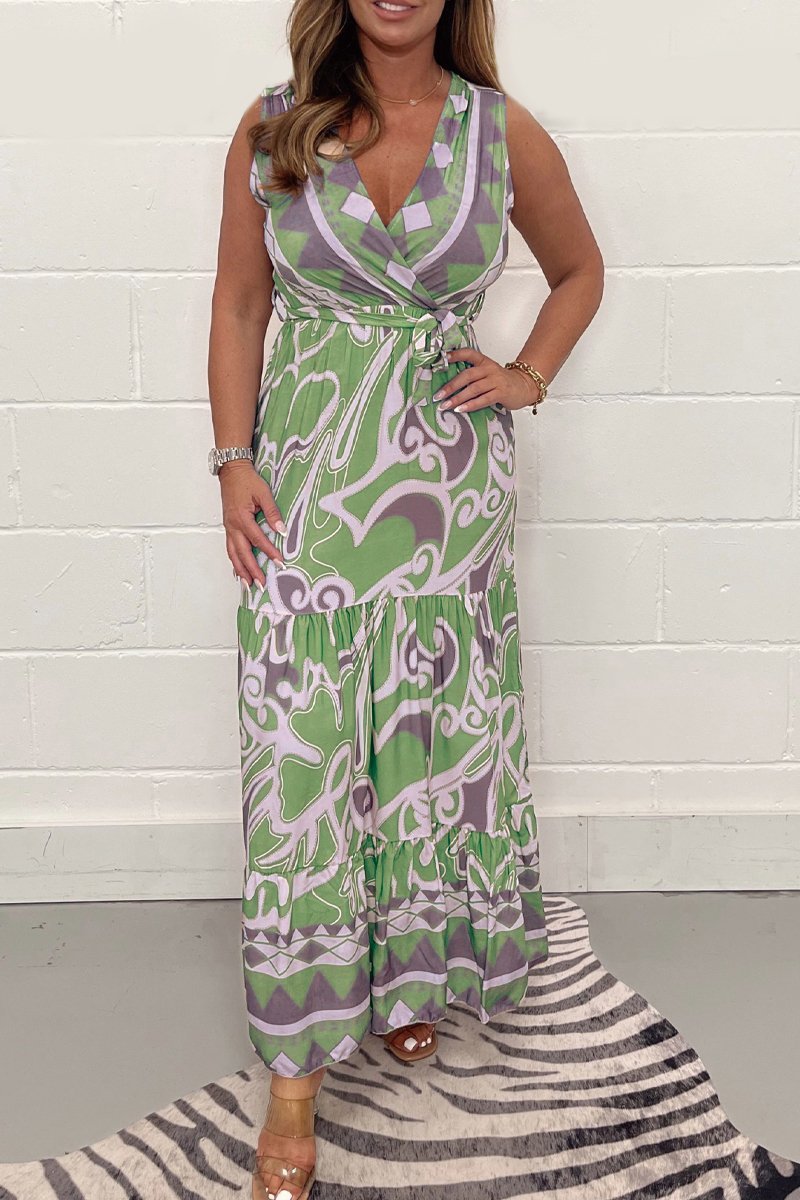 V-neck printed long dress Light green