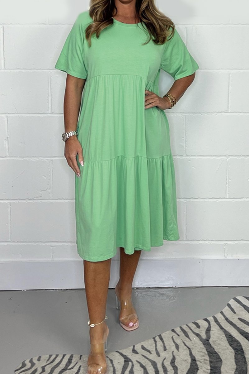 Cotton crew neck casual dress Green