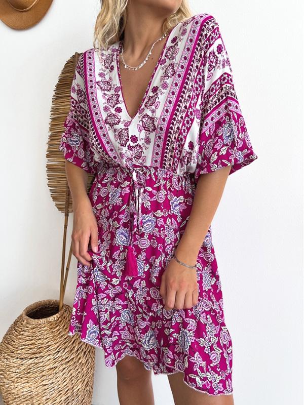 Women's Casual Resort Bohemian V-Neck Dress Purple