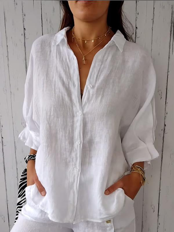 Women's Cotton and Linen Solid Color Casual Shirt White Tops