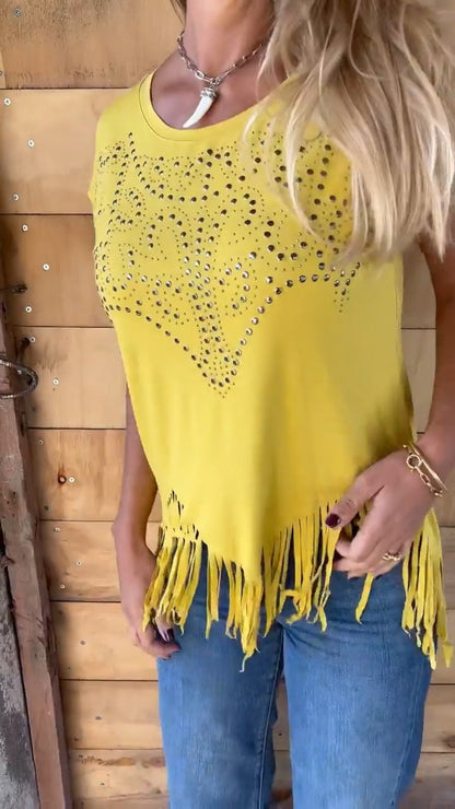 Women's Round Neck Fringe Top yellow