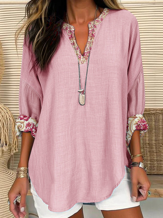 Women's V-neck Casual Printed Long-sleeved Shirt Pink