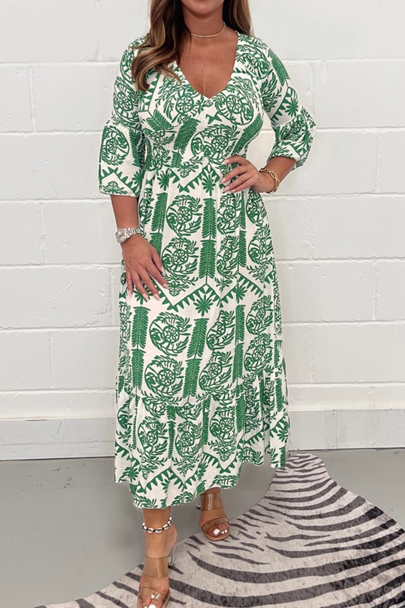 Printed V-neck dress Green