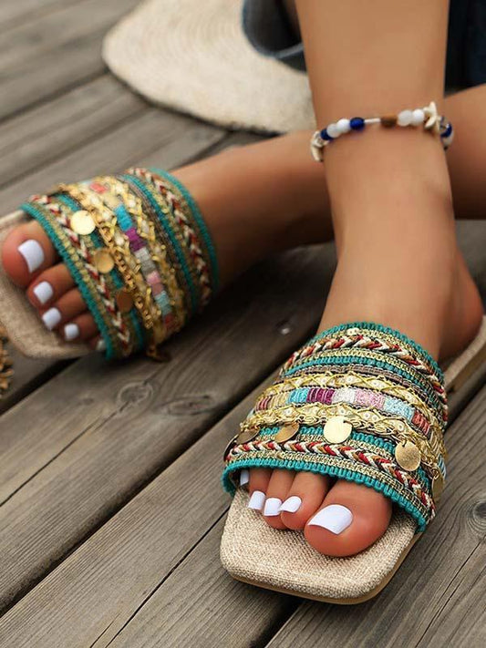 Ethnic Beach Bohemian Open Toe Flat Sandals Green