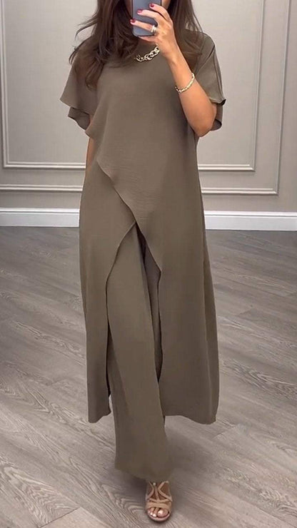 Round Neck Slit Long Top + Wide Leg Pants Two-piece Suit