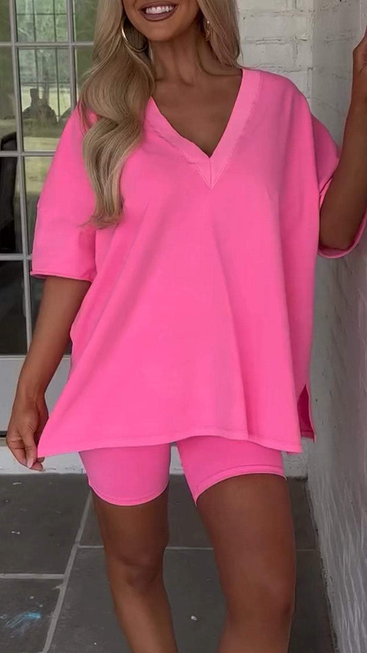 V-neck Casual Two-piece Suit Pink