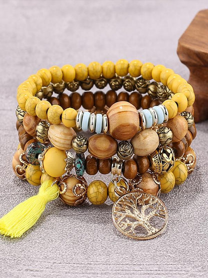 Boho Style Multi-layered Wooden Beaded Bracelet Yellow One Size