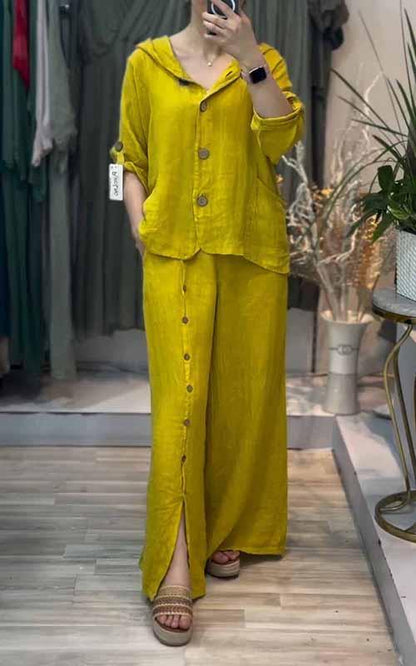 Women's Hooded Solid Color Cotton and Linen Two-piece Suit