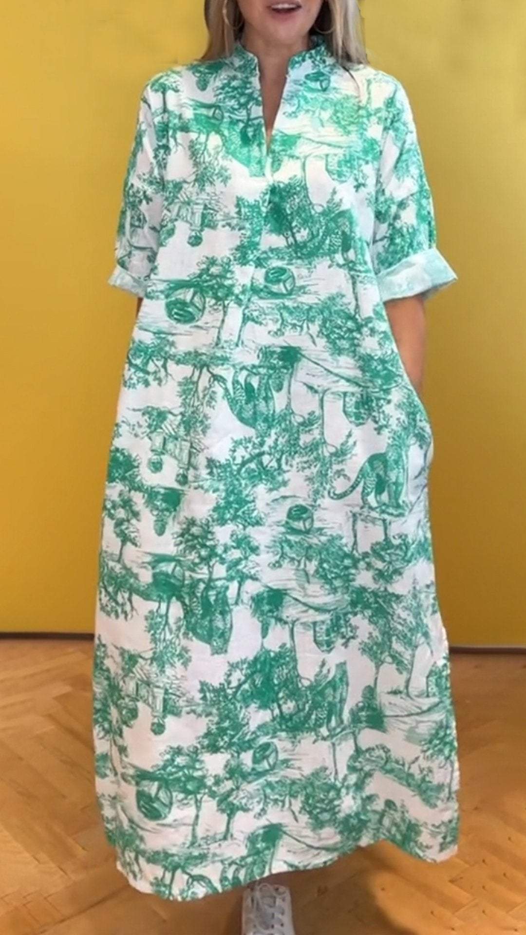 Casual V-neck Printed Loose Dress green