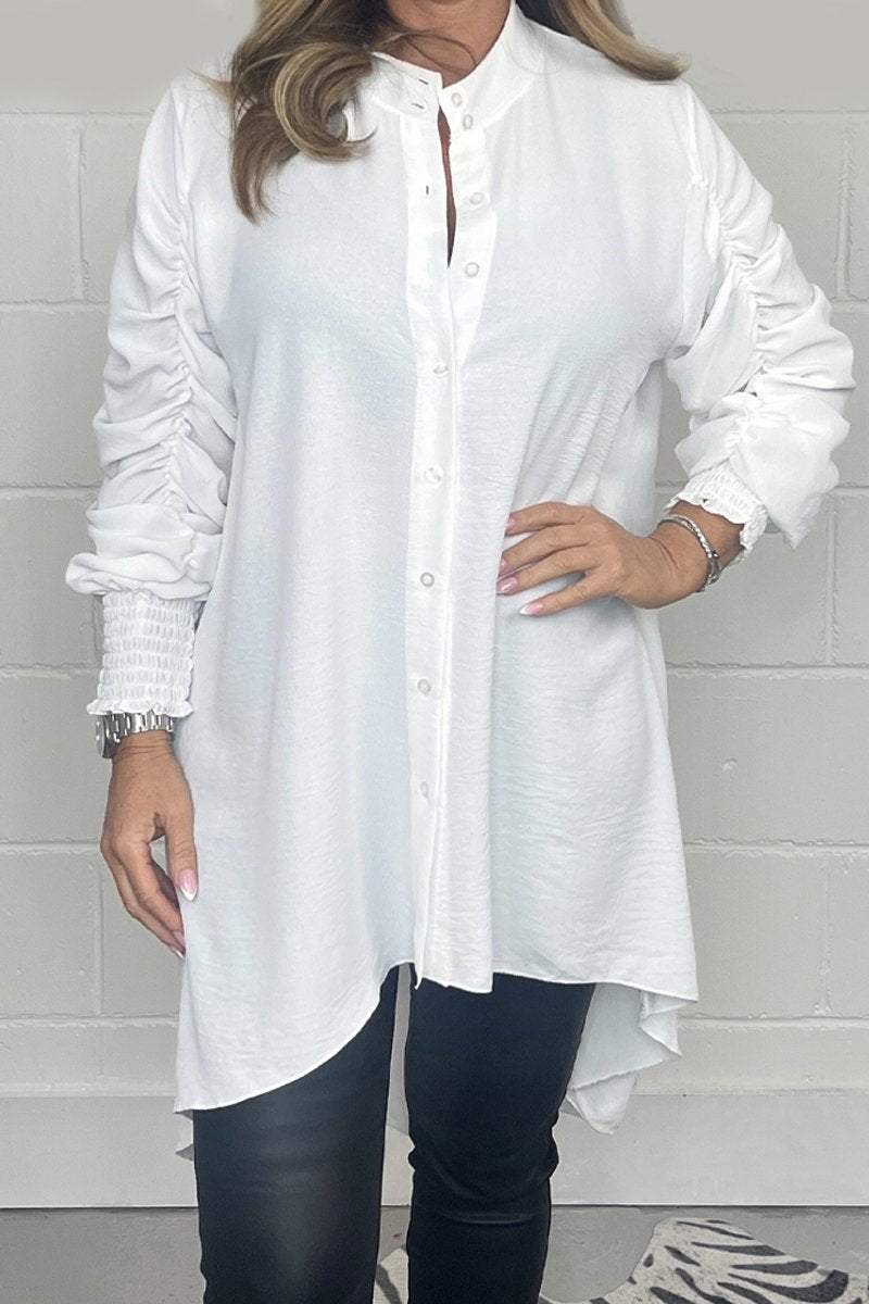 Casual solid color smocked top White