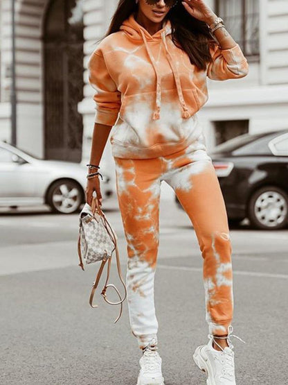 Tie-dye Loose Hooded Sweatshirt and Casual Pants Two-piece Set orange