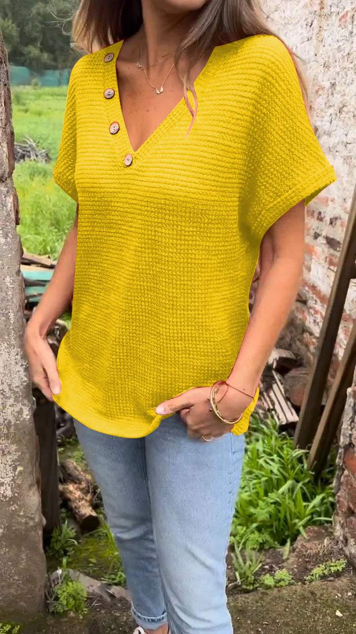 Knitted Cotton and Linen V-neck Top yellow