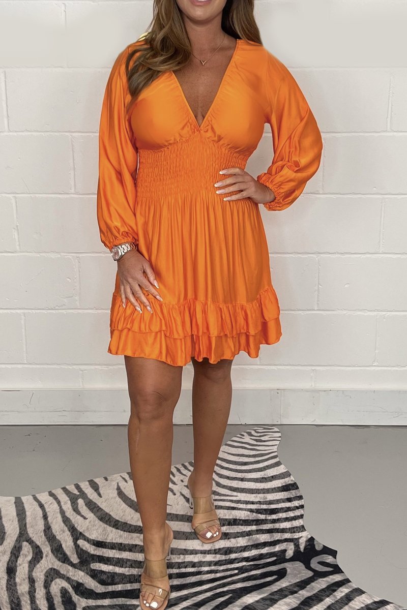 Satin Smocked Waist Dress Orange