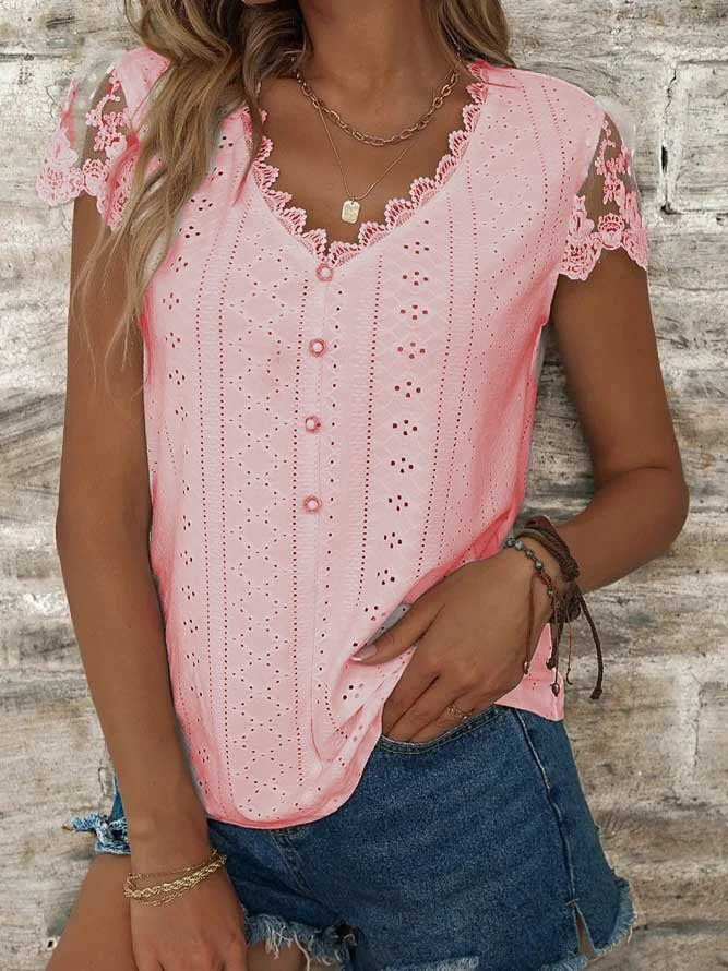 Casual V Neck Linen Lace Breathable T-Shirt Buttoned White Casual T-Shirt Pink