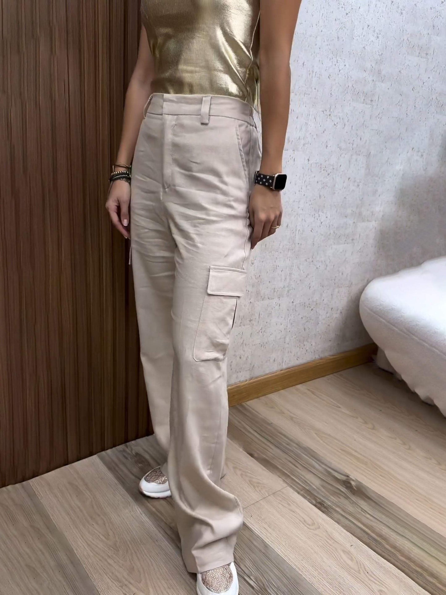 Women's Cotton and Linen Pocket Casual Trousers