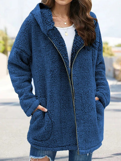 Women Autumn Winter Causal Daily Plush Fleece Zipper Long Sleeve Teddy Coat BLUE