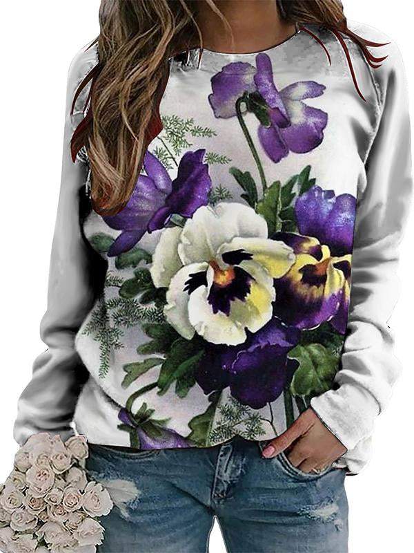 Casual Round Neck Colorful Printed Long Sleeve Top purple