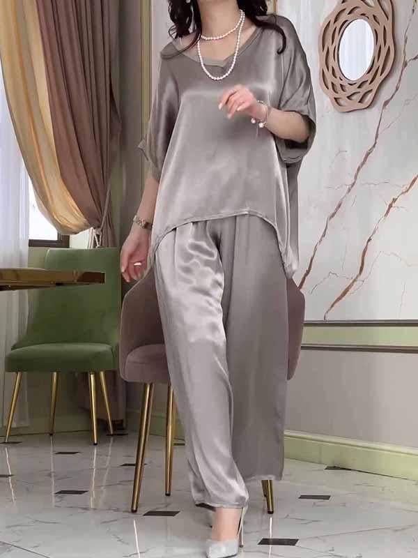 Women's Round Neck Solid Color Satin Suit