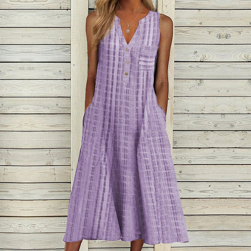 New Pocket V-Neck Sleeveless Stripe Dress Purple