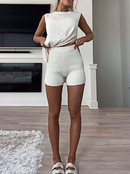 Solid Color Knitted Slit Top & Shorts Two-piece Set