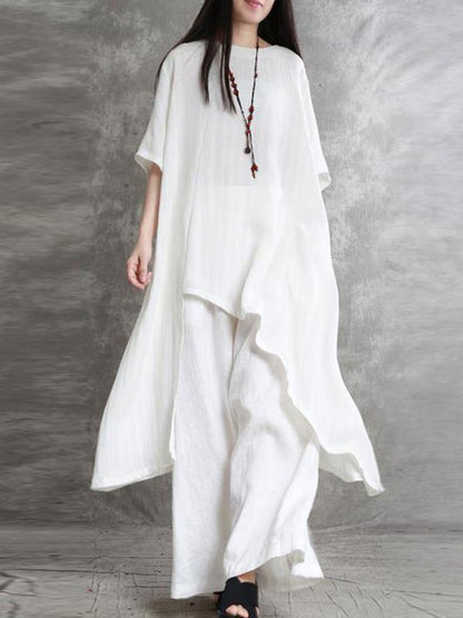 Casual Cotton and Linen Suit with Short-sleeved Top and Trousers White