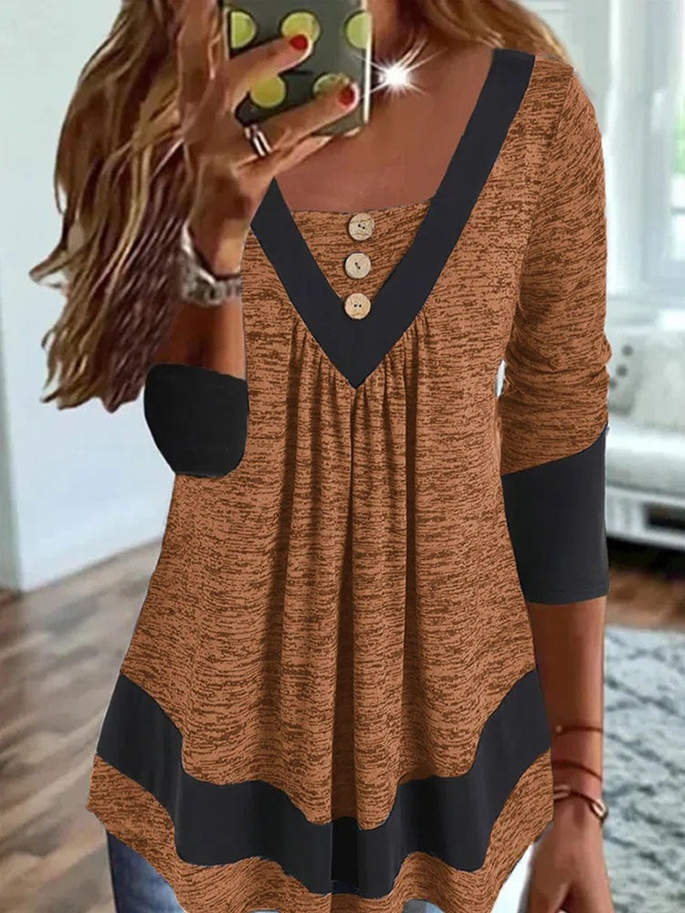 Casual V-neck loose pullover print women's T-shirt Brown