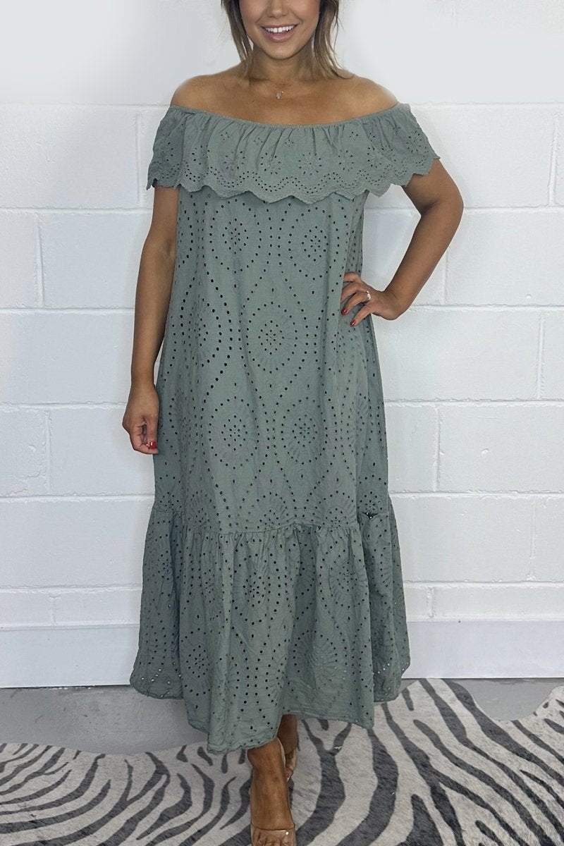 Solid color embroidered English maxi dress Army green