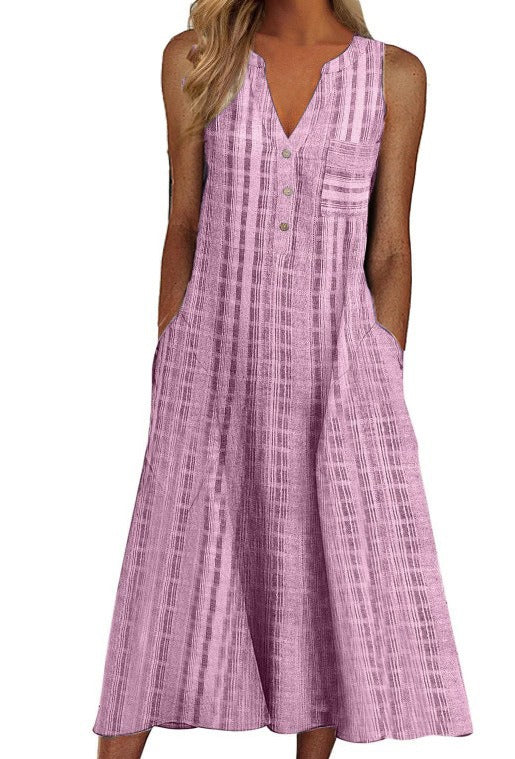 New Pocket V-Neck Sleeveless Stripe Dress Pink