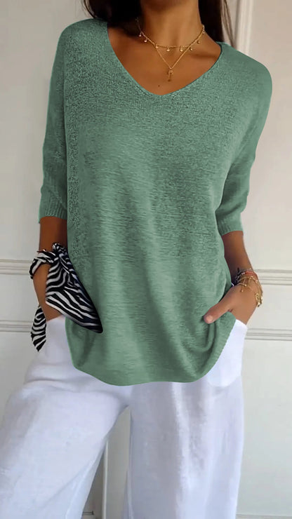 Solid Color Knitted V-neck Top grass green